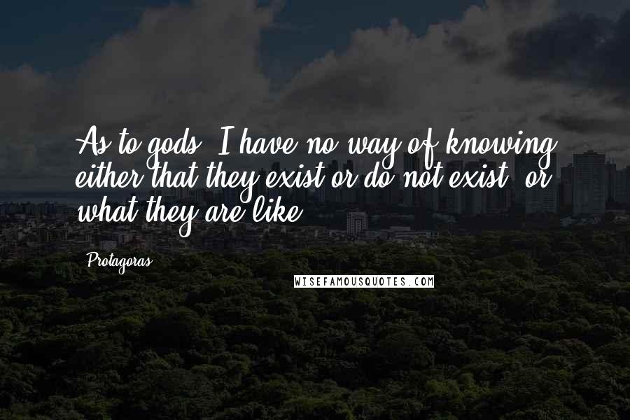 Protagoras quotes: As to gods, I have no way of knowing either that they exist or do not exist, or what they are like.