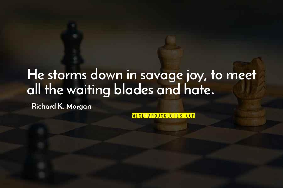 Protinove Quotes By Richard K. Morgan: He storms down in savage joy, to meet