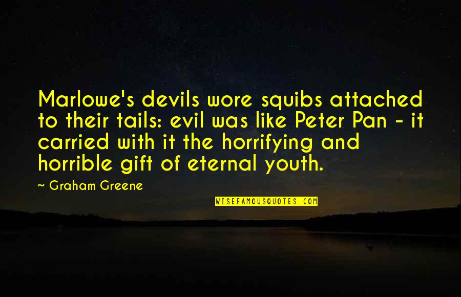 Psychological Thriller Quotes By Graham Greene: Marlowe's devils wore squibs attached to their tails: