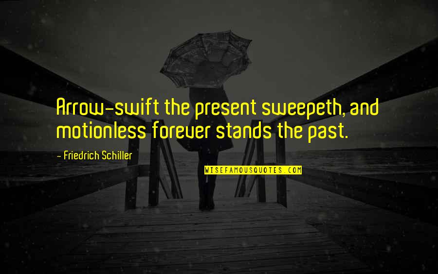 Pupille Synonyme Quotes By Friedrich Schiller: Arrow-swift the present sweepeth, and motionless forever stands