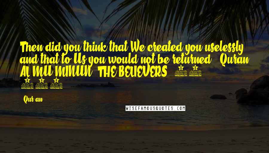 Qur'an quotes: Then did you think that We created you uselessly and that to Us you would not be returned?" Quran AL-MU'MINUN (THE BELIEVERS) 23 : 115.