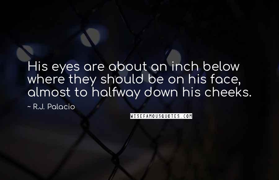 R.J. Palacio quotes: His eyes are about an inch below where they should be on his face, almost to halfway down his cheeks. R.J. Palacio quotes: His eyes are about an inch below where they should be on his face, almost to halfway down his cheeks.