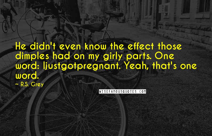 R.S. Grey quotes: He didn't even know the effect those dimples had on my girly parts. One word: Ijustgotpregnant. Yeah, that's one word.