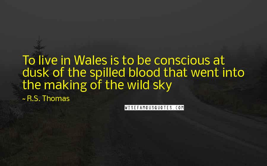 R.S. Thomas quotes: To live in Wales is to be conscious at dusk of the spilled blood that went into the making of the wild sky