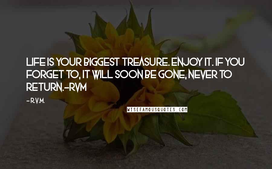 R.v.m. quotes: Life is your biggest Treasure. Enjoy it. If you forget to, it will soon be gone, never to return.-RVM