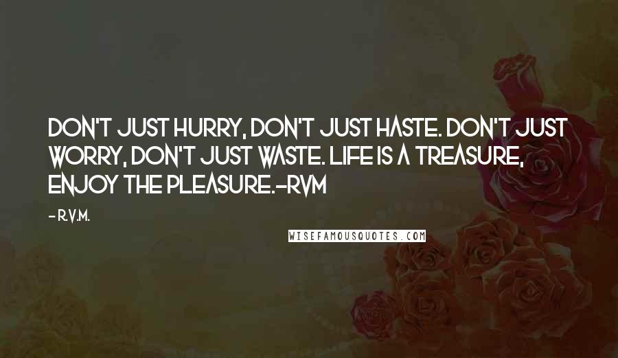 R.v.m. quotes: Don't just Hurry, don't just Haste. Don't just Worry, don't just Waste. Life is a Treasure, Enjoy the Pleasure.-RVM