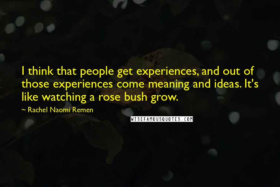 Rachel Naomi Remen quotes: I think that people get experiences, and out of those experiences come meaning and ideas. It's like watching a rose bush grow.