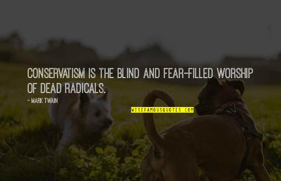 Radicals Quotes By Mark Twain: Conservatism is the blind and fear-filled worship of