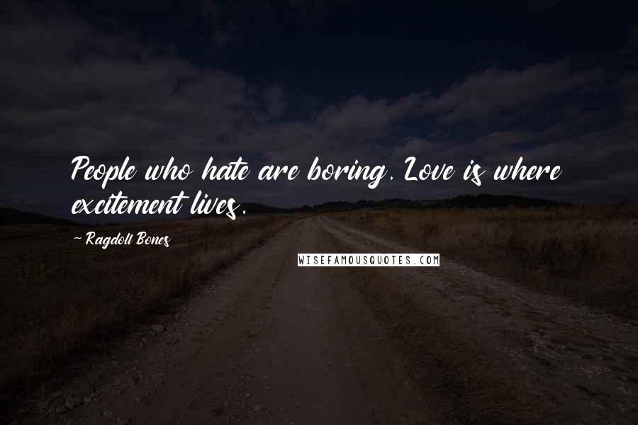 Ragdoll Bones quotes: People who hate are boring. Love is where excitement lives.