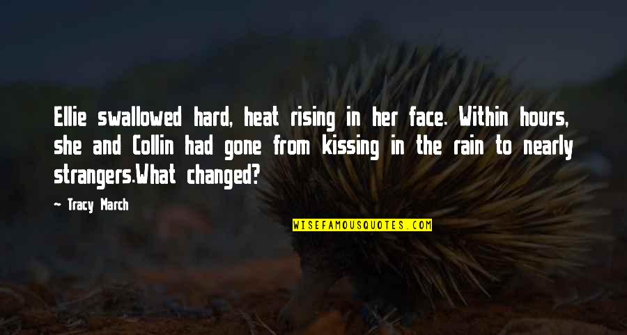 Rain Hard Quotes By Tracy March: Ellie swallowed hard, heat rising in her face.