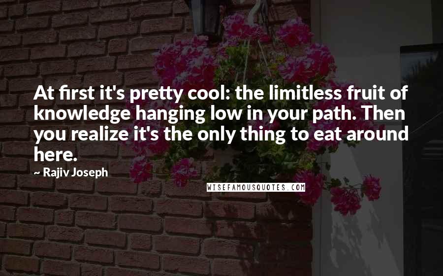 Rajiv Joseph quotes: At first it's pretty cool: the limitless fruit of knowledge hanging low in your path. Then you realize it's the only thing to eat around here.