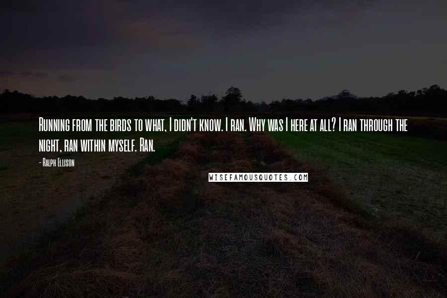 Ralph Ellison quotes: Running from the birds to what, I didn't know. I ran. Why was I here at all? I ran through the night, ran within myself. Ran.