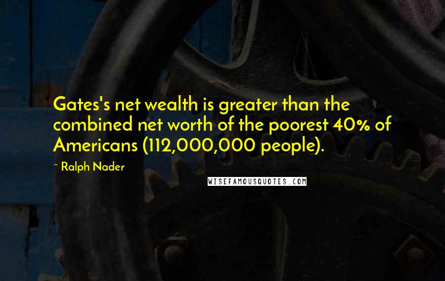 Ralph Nader quotes: Gates's net wealth is greater than the combined net worth of the poorest 40% of Americans (112,000,000 people).