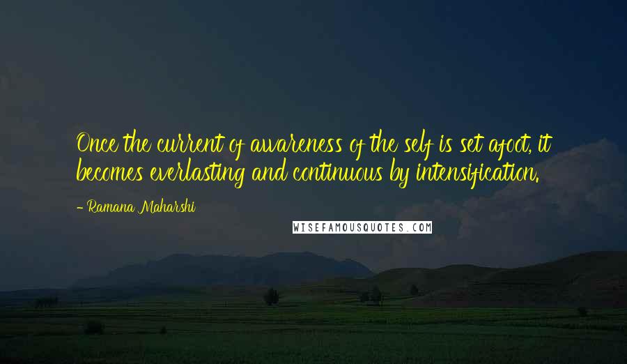 Ramana Maharshi quotes: Once the current of awareness of the self is set afoot, it becomes everlasting and continuous by intensification. Ramana Maharshi quotes: Once the current of awareness of the self is set afoot, it becomes everlasting and continuous by intensification.
