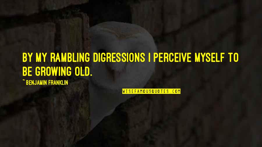 Rambling Quotes By Benjamin Franklin: By my rambling digressions I perceive myself to