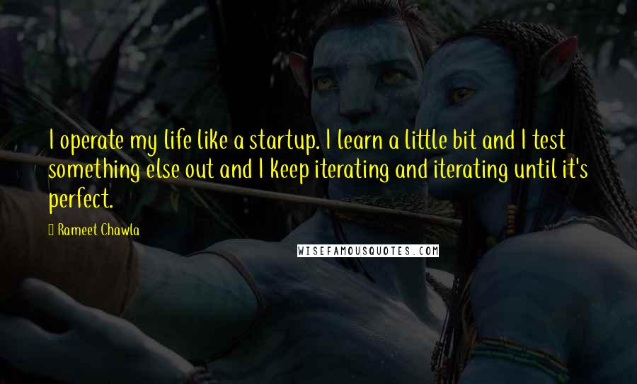 Rameet Chawla quotes: I operate my life like a startup. I learn a little bit and I test something else out and I keep iterating and iterating until it's perfect.
