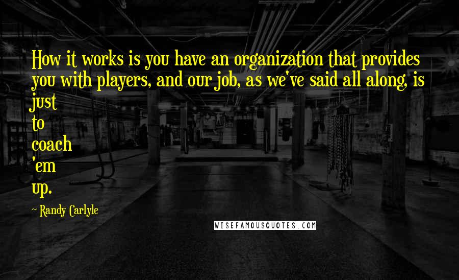 Randy Carlyle quotes: How it works is you have an organization that provides you with players, and our job, as we've said all along, is just to coach 'em up.