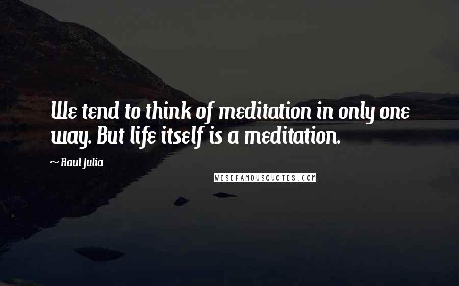 Raul Julia quotes: We tend to think of meditation in only one way. But life itself is a meditation.