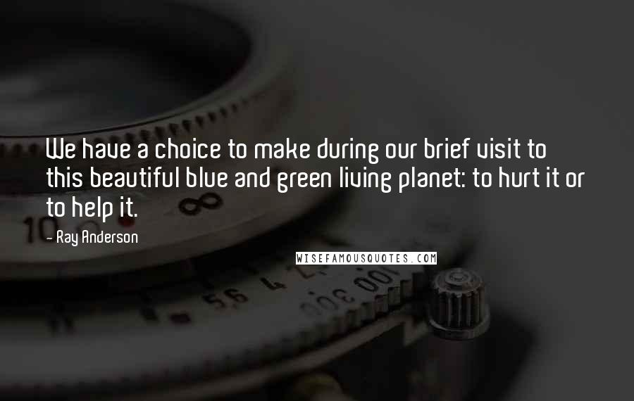 Ray Anderson quotes: We have a choice to make during our brief visit to this beautiful blue and green living planet: to hurt it or to help it.