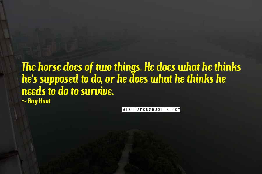 Ray Hunt quotes: The horse does of two things. He does what he thinks he's supposed to do, or he does what he thinks he needs to do to survive.