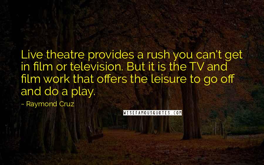 Raymond Cruz quotes: Live theatre provides a rush you can't get in film or television. But it is the TV and film work that offers the leisure to go off and do a