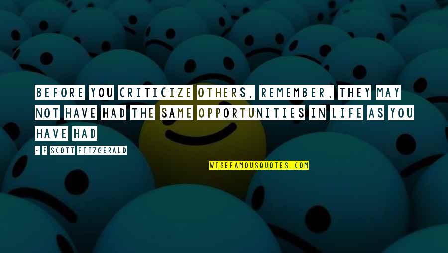 Real And Reel Life Quotes By F Scott Fitzgerald: Before you criticize others, remember, they may not