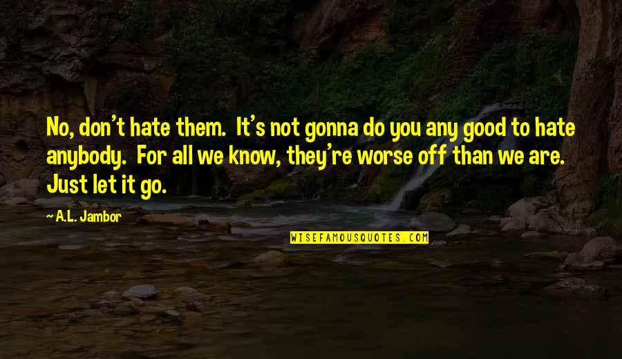 Real Good Woman Quotes By A.L. Jambor: No, don't hate them. It's not gonna do