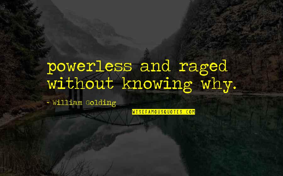 Reardons Woodworking Quotes By William Golding: powerless and raged without knowing why.