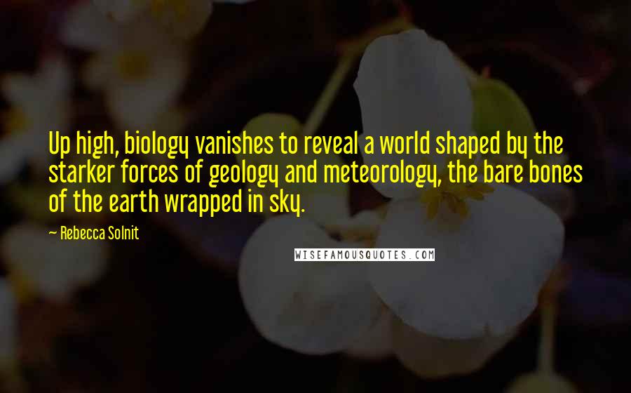 Rebecca Solnit quotes: Up high, biology vanishes to reveal a world shaped by the starker forces of geology and meteorology, the bare bones of the earth wrapped in sky.