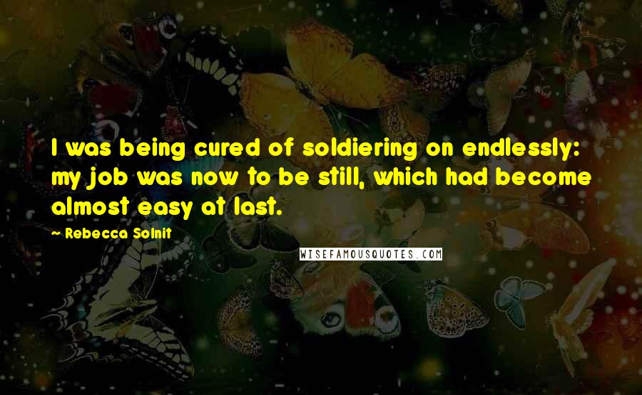 Rebecca Solnit quotes: I was being cured of soldiering on endlessly: my job was now to be still, which had become almost easy at last.