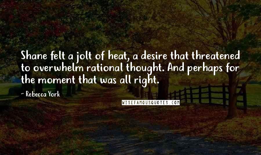 Rebecca York quotes: Shane felt a jolt of heat, a desire that threatened to overwhelm rational thought. And perhaps for the moment that was all right.