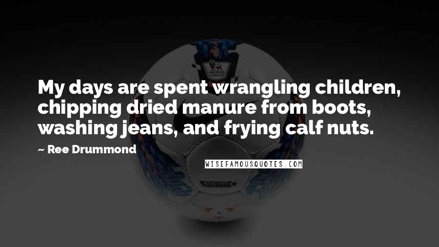 Ree Drummond quotes: My days are spent wrangling children, chipping dried manure from boots, washing jeans, and frying calf nuts.