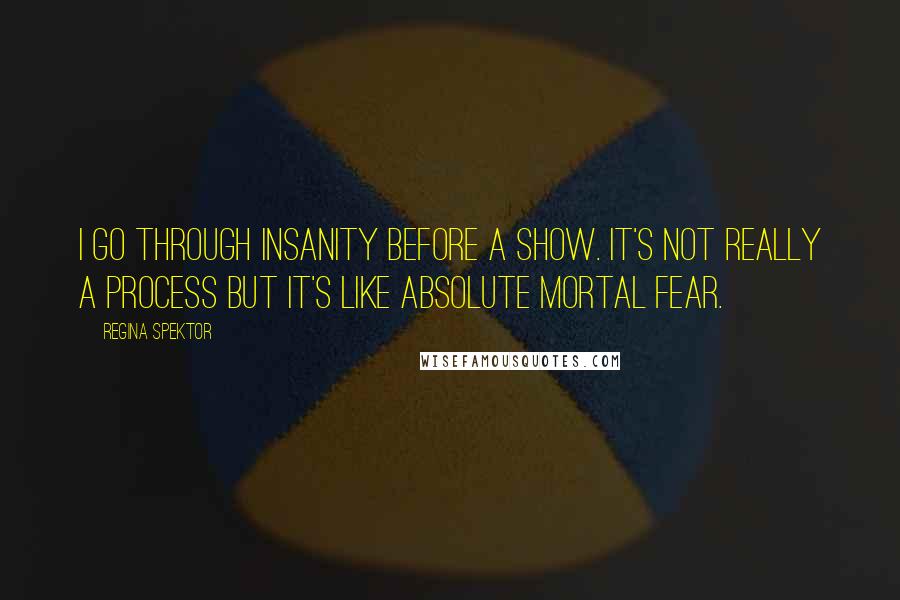 Regina Spektor quotes: I go through insanity before a show. It's not really a process but it's like absolute mortal fear.