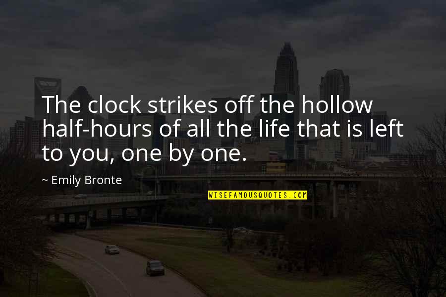 Regresses Quotes By Emily Bronte: The clock strikes off the hollow half-hours of
