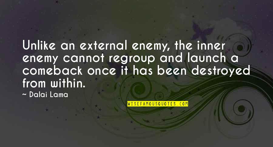 Regroup Quotes By Dalai Lama: Unlike an external enemy, the inner enemy cannot