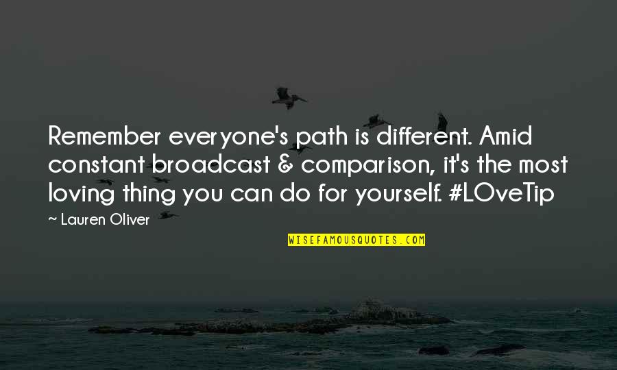 Remember Yourself Quotes By Lauren Oliver: Remember everyone's path is different. Amid constant broadcast Remember Yourself Quotes By Lauren Oliver: Remember everyone's path is different. Amid constant broadcast