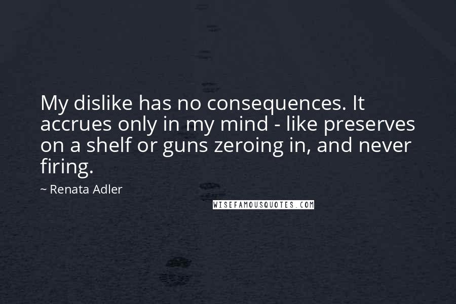 Renata Adler quotes: My dislike has no consequences. It accrues only in my mind - like preserves on a shelf or guns zeroing in, and never firing.