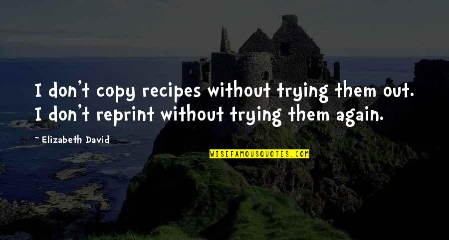 Reprint Quotes By Elizabeth David: I don't copy recipes without trying them out. Reprint Quotes By Elizabeth David: I don't copy recipes without trying them out.