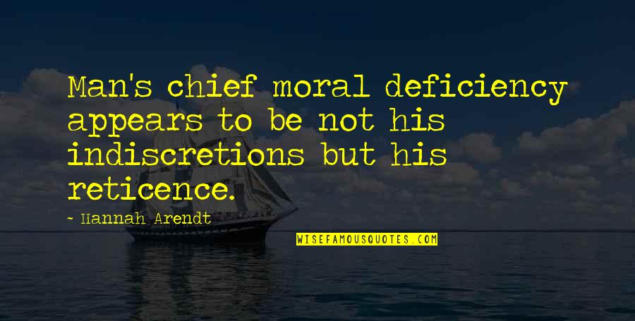 Reticence Quotes By Hannah Arendt: Man's chief moral deficiency appears to be not