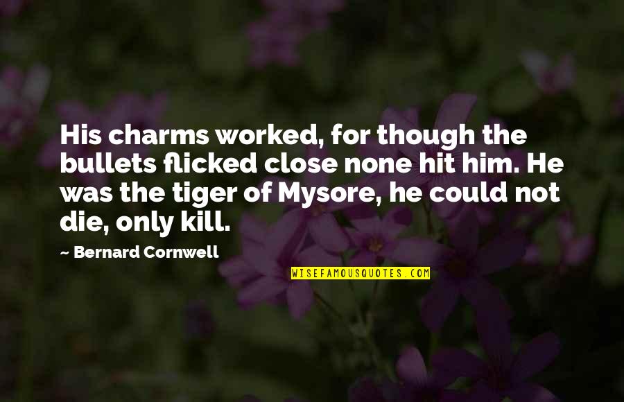 Retirement Card Quotes By Bernard Cornwell: His charms worked, for though the bullets flicked Retirement Card Quotes By Bernard Cornwell: His charms worked, for though the bullets flicked