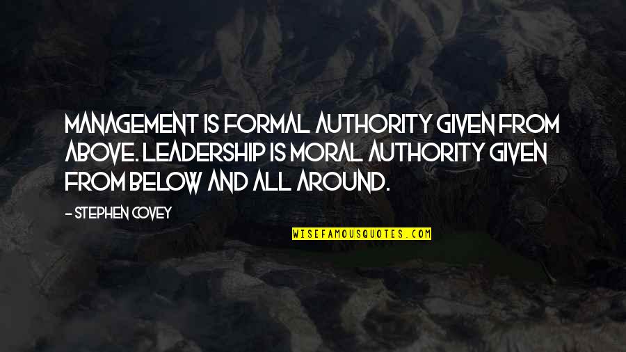 Retitled Quotes By Stephen Covey: Management is formal authority given from above. Leadership