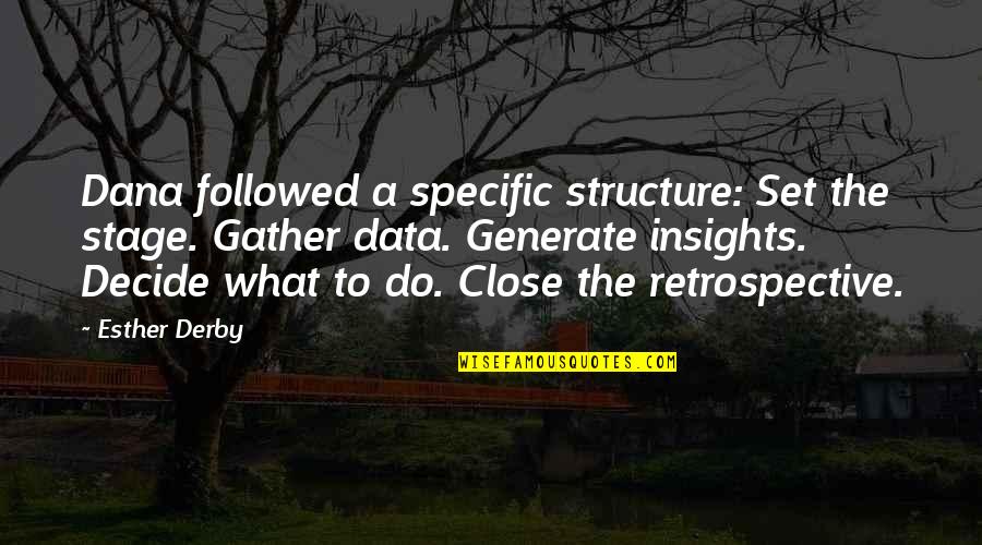 Retrospective's Quotes By Esther Derby: Dana followed a specific structure: Set the stage. Retrospective's Quotes By Esther Derby: Dana followed a specific structure: Set the stage.