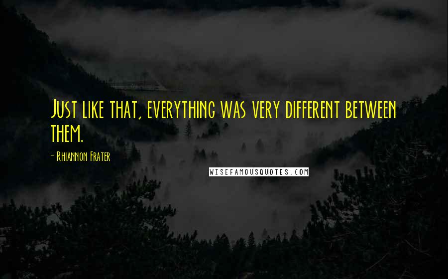 Rhiannon Frater quotes: Just like that, everything was very different between them. Rhiannon Frater quotes: Just like that, everything was very different between them.