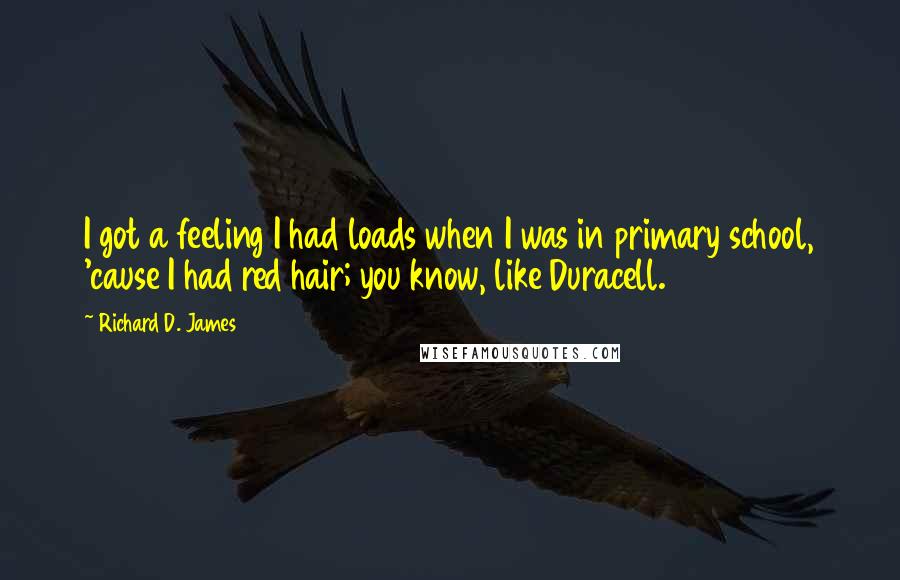 Richard D. James quotes: I got a feeling I had loads when I was in primary school, 'cause I had red hair; you know, like Duracell. Richard D. James quotes: I got a feeling I had loads when I was in primary school, 'cause I had red hair; you know, like Duracell.