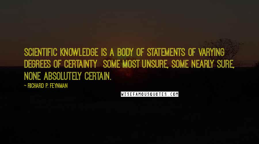 Richard P. Feynman quotes: Scientific knowledge is a body of statements of varying degrees of certainty some most unsure, some nearly sure, none absolutely certain.