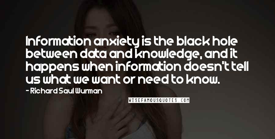 Richard Saul Wurman quotes: Information anxiety is the black hole between data and knowledge, and it happens when information doesn't tell us what we want or need to know.