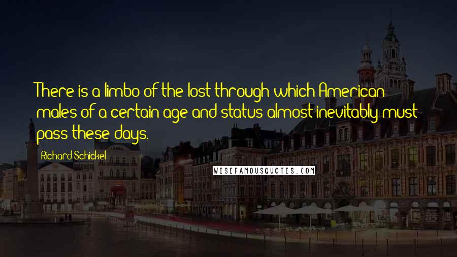 Richard Schickel quotes: There is a limbo of the lost through which American males of a certain age and status almost inevitably must pass these days. Richard Schickel quotes: There is a limbo of the lost through which American males of a certain age and status almost inevitably must pass these days.