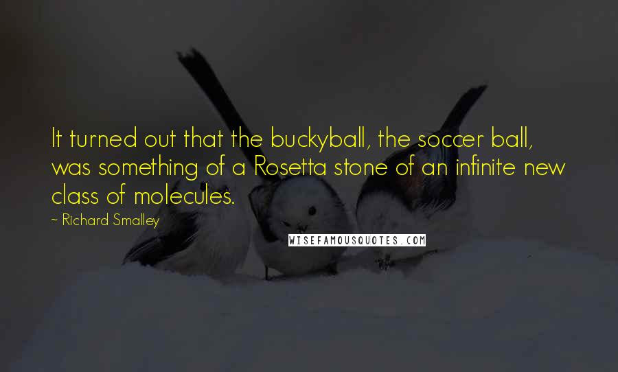 Richard Smalley quotes: It turned out that the buckyball, the soccer ball, was something of a Rosetta stone of an infinite new class of molecules.