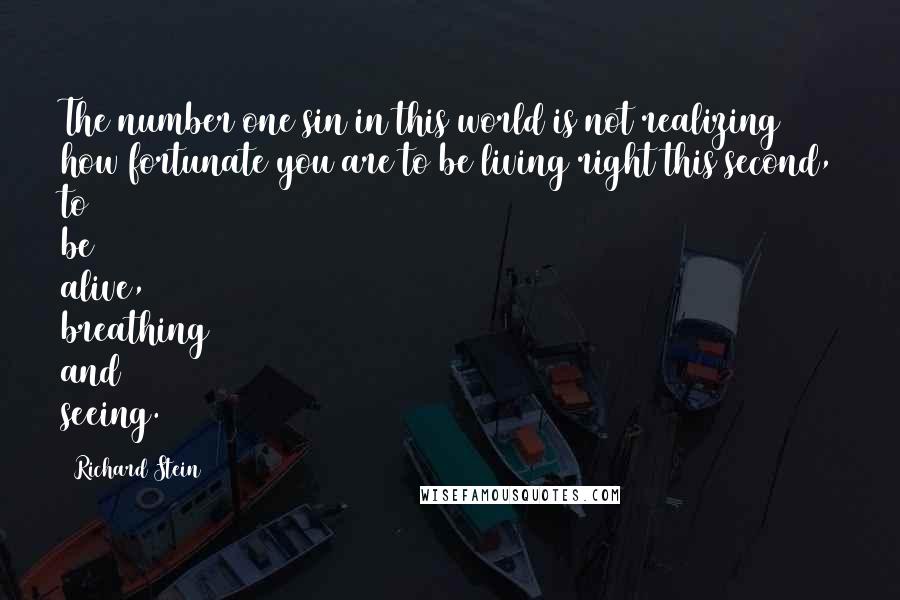 Richard Stein quotes: The number one sin in this world is not realizing how fortunate you are to be living right this second, to be alive, breathing and seeing.