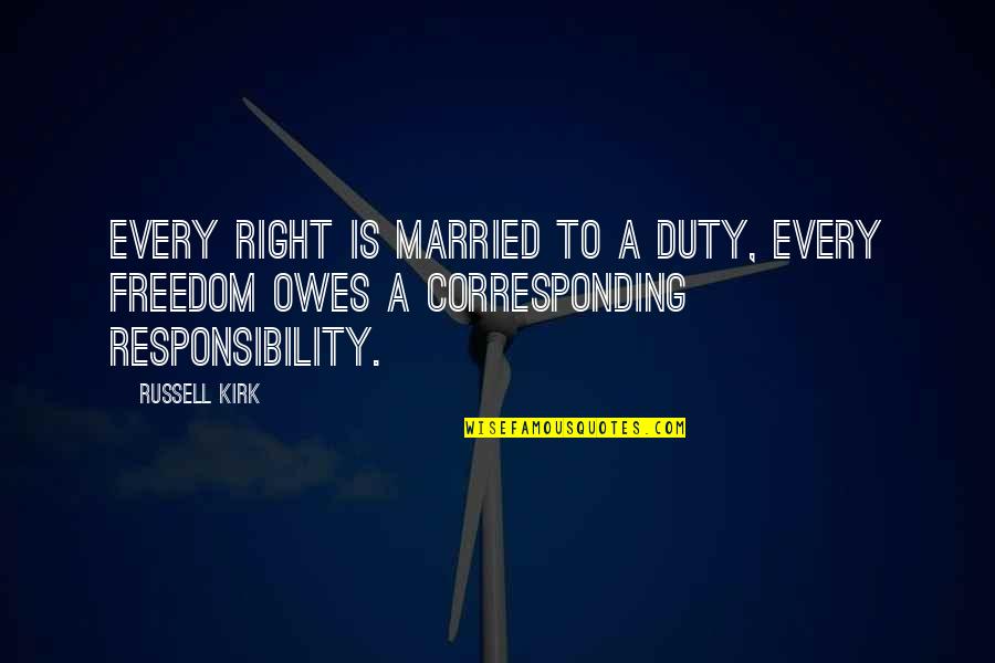 Right To Freedom Quotes By Russell Kirk: Every right is married to a duty, every Right To Freedom Quotes By Russell Kirk: Every right is married to a duty, every